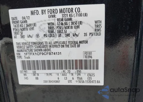 2012 Ford F-150 Fx2 from USA, damaged, VIN 1FTFX1CF9CFB74131